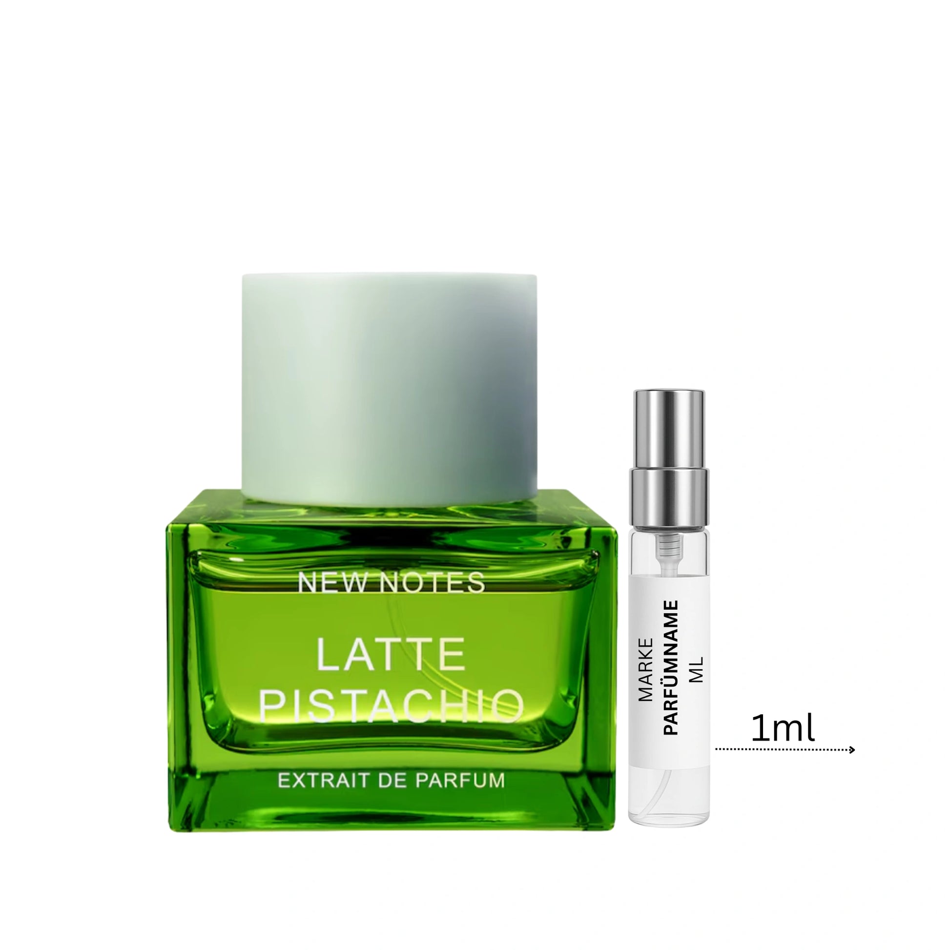 New Notes Latte Pistachio Parfümprobe 1 ml neben Flakon – süß-cremiger Gourmandduft mit Pistazie, Milch und zitrischer Frische
