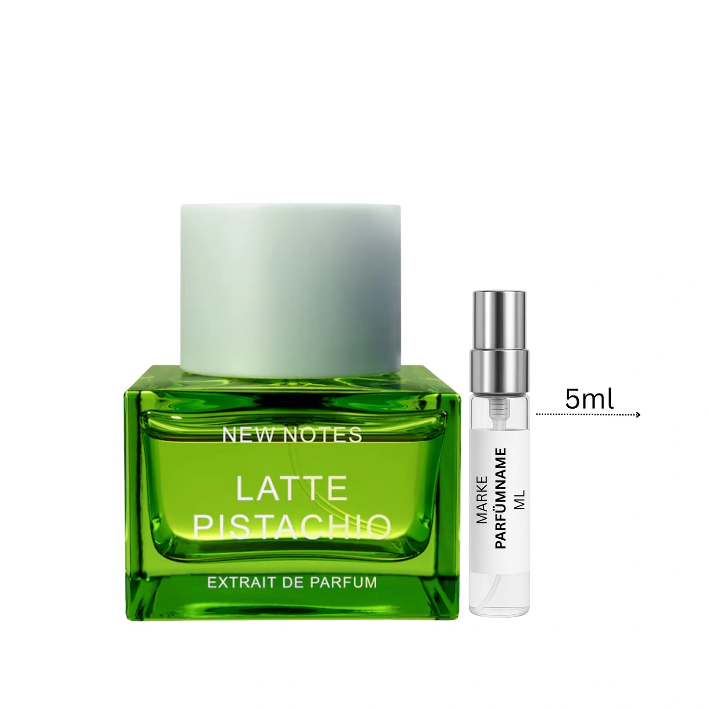 New Notes Latte Pistachio Abfüllung 5 ml neben Flakon – luxuriöser Gourmandduft für Damen und Herren mit Pistazie, Zitrusnoten und samtiger Tiefe