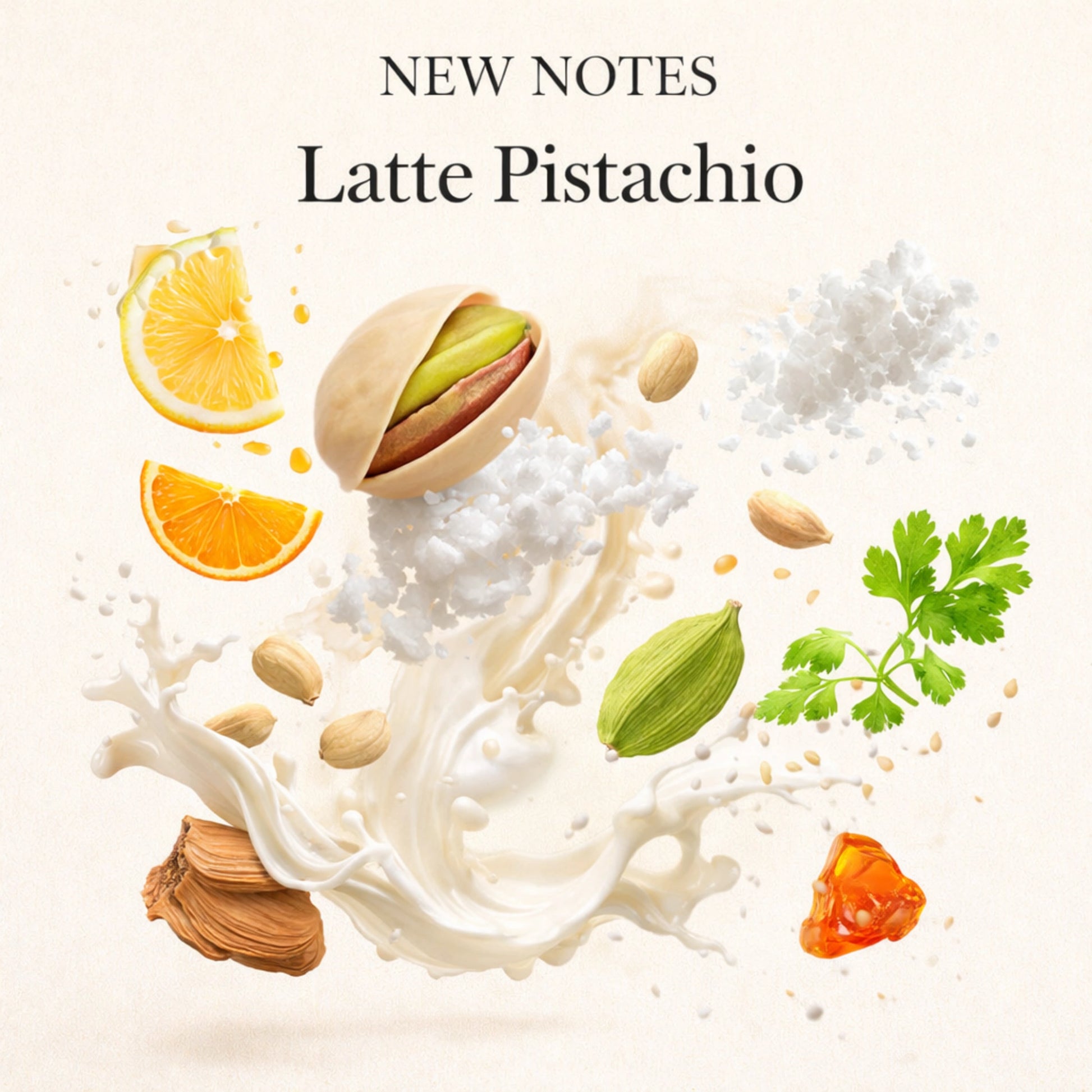 Duftnoten von New Notes Latte Pistachio Extrait de Parfum – Pistazie, salzige Noten, Zitrone, Orange, Milch, Kardamom, Koriander, Moschus, Sandelholz und Amber visuell dargestellt