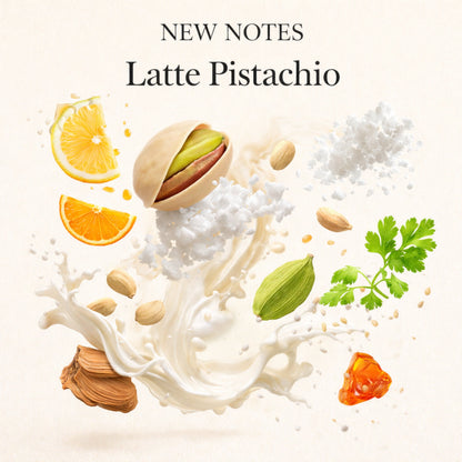 Duftnoten von New Notes Latte Pistachio Extrait de Parfum – Pistazie, salzige Noten, Zitrone, Orange, Milch, Kardamom, Koriander, Moschus, Sandelholz und Amber visuell dargestellt