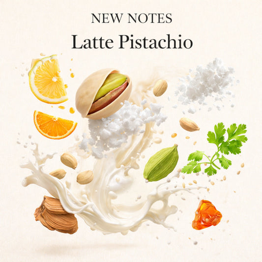 Duftnoten von New Notes Latte Pistachio Extrait de Parfum – Pistazie, salzige Noten, Zitrone, Orange, Milch, Kardamom, Koriander, Moschus, Sandelholz und Amber visuell dargestellt