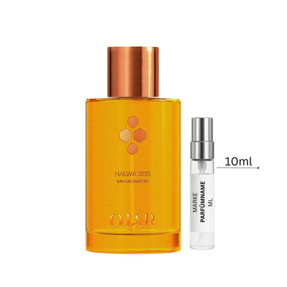 Ojar Halwa Kiss Parfümprobe 10 ml neben Flakon – intensiver süß-orientalischer Unisexduft aus der Honey Collection von Ojar