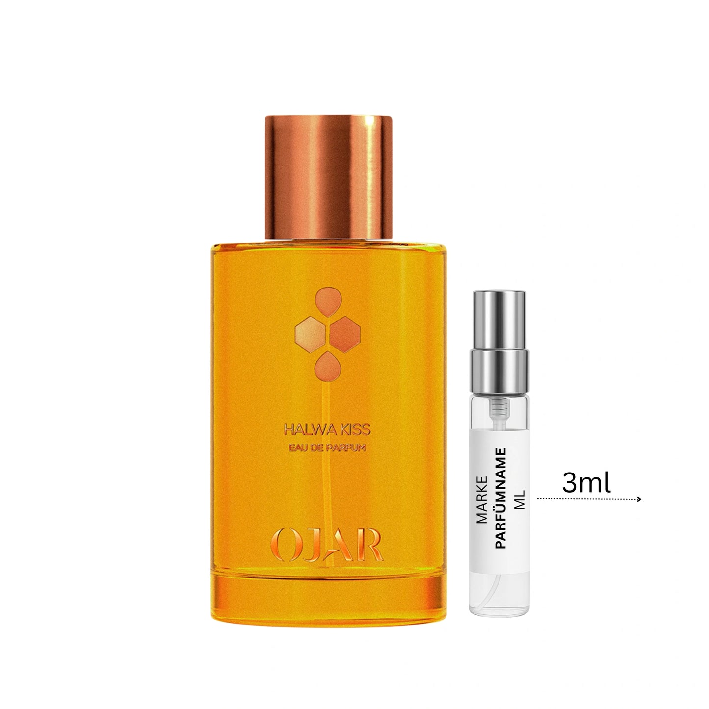 Ojar Halwa Kiss Probe 3 ml neben Flakon – warmer, orientalisch-süßer Nischenduft mit Honig, Rose und Amber