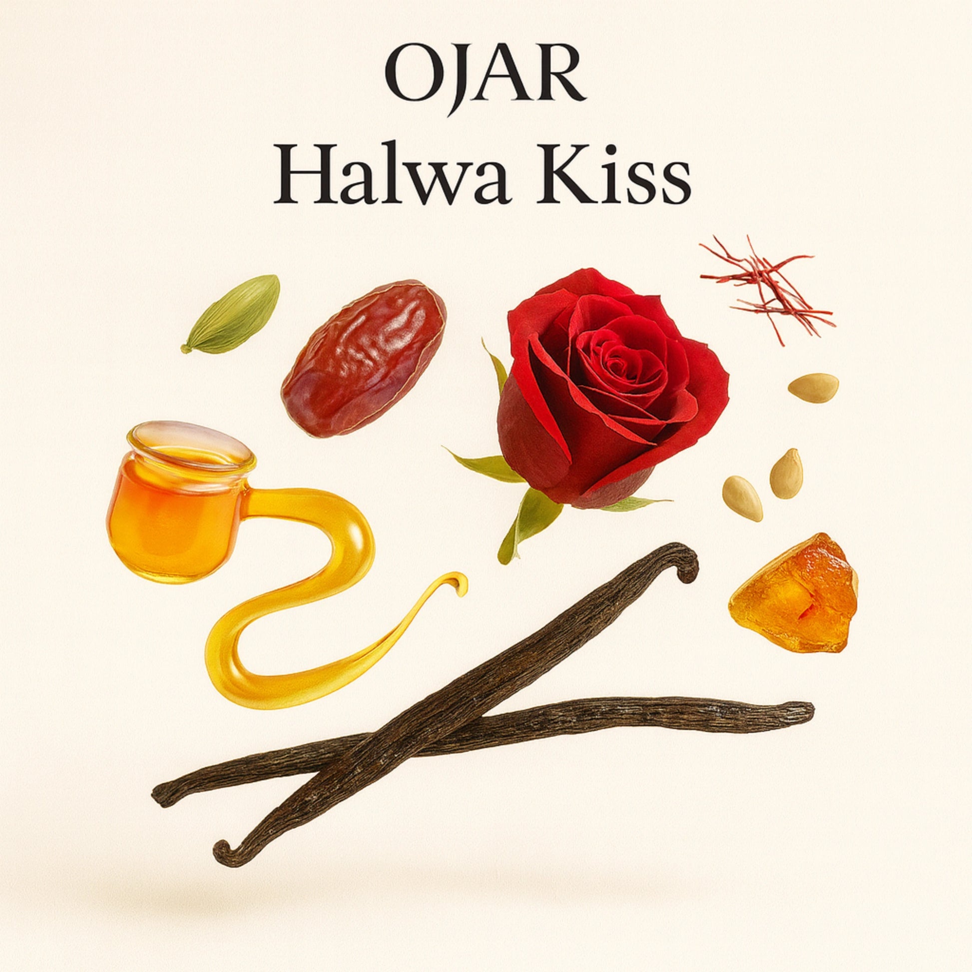 Duftnoten von Ojar Halwa Kiss Eau de Parfum – Pistazie, Kardamom, Safran, Honig, Dattel, Rose, geröstete Nüsse, Amber, Sesam und Vanille