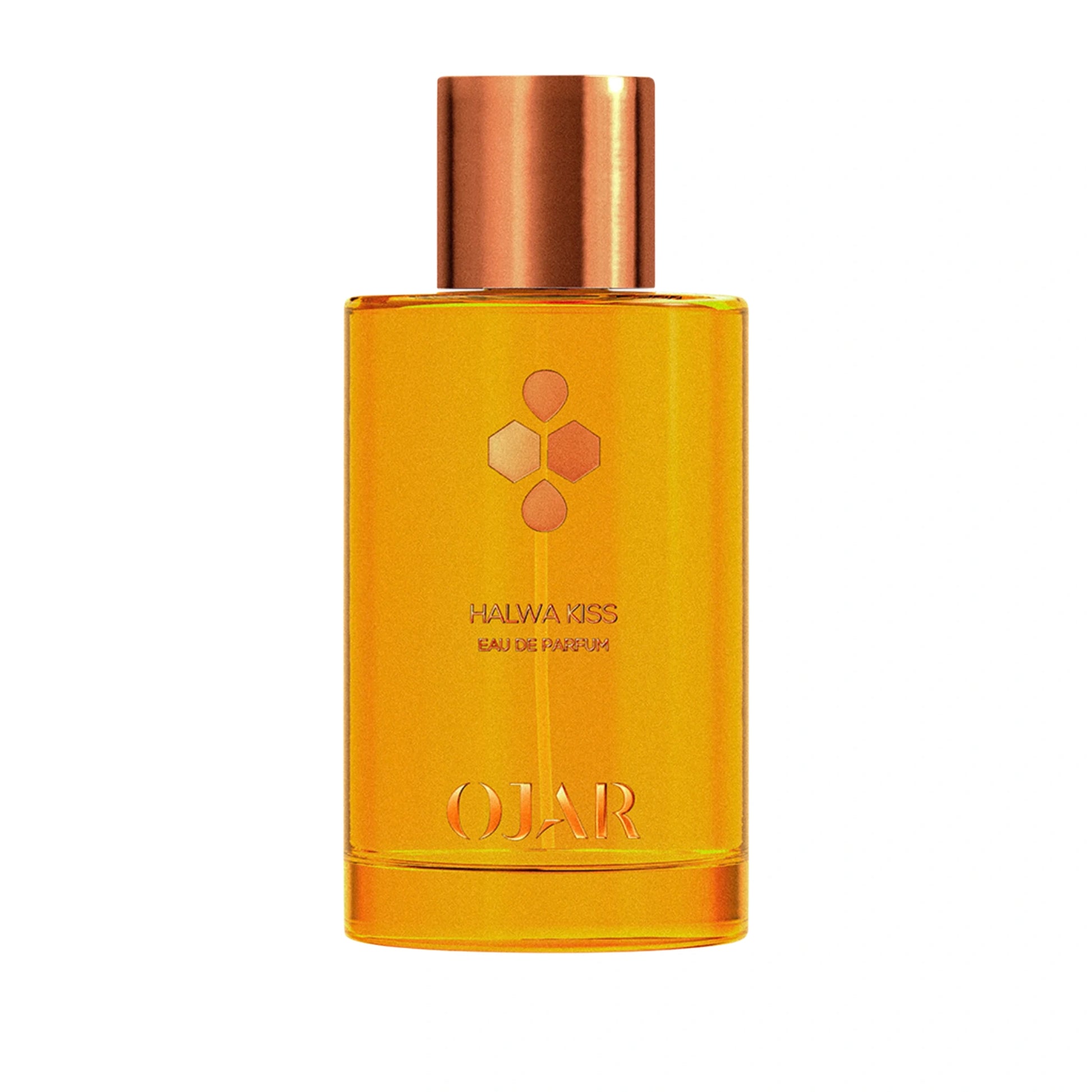 Ojar Halwa Kiss Eau de Parfum Flakon freigestellt auf weißem Hintergrund – süß-gourmandiger Unisexduft mit Honig, Dattel, Pistazie und Vanille