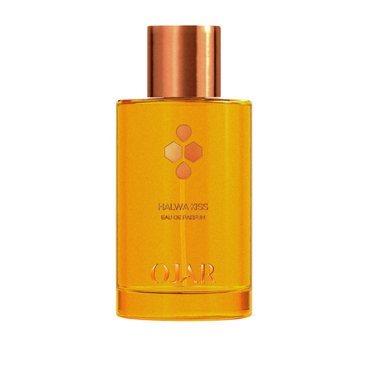 Ojar Halwa Kiss Eau de Parfum Flakon freigestellt auf weißem Hintergrund – süß-gourmandiger Unisexduft mit Honig, Dattel, Pistazie und Vanille