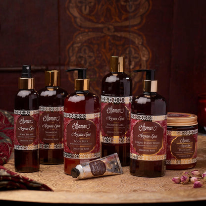 Vollständiges Ottoman Argan Spa Set Oriental Rose inklusive Duschgel, Shampoo, Body Milk, Handseife, Hair Mask, Körperspray und Handcreme in luxuriöser Präsentation