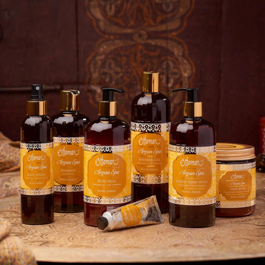 Pflegeset Ottoman Argan Spa Royal Amber mit Body Milk, Duschgel, Shampoo, Handseife und Body Splash im orientalischen Design