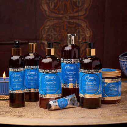 Exklusives Ottoman Argan Spa Set Sahara Musk mit Shampoo, Body Milk, Duschgel, Handseife, Hair Mask, Body Splash und Handcreme