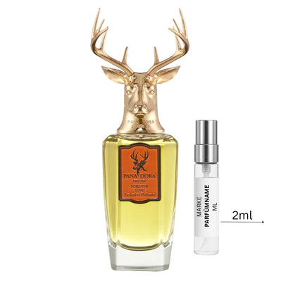 Pana Dora Forever Love Abfüllung 2 ml neben Flakon – frischer Eau de Parfum Unisexduft mit Zitrusfrüchten, Melone, Neroli und floralen Noten