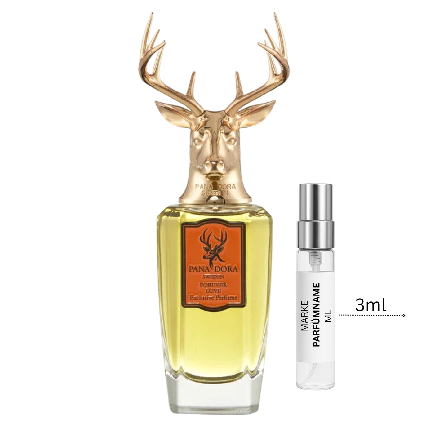 Pana Dora Forever Love Parfümprobe 3 ml neben Flakon – fruchtig-frischer Nischenduft mit Mango, Grapefruit, Ingwer, Lavendel und Iris