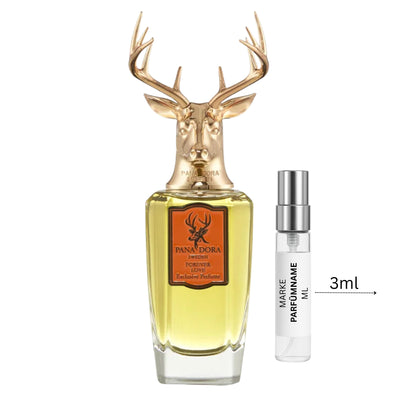 Pana Dora Forever Love Parfümprobe 3 ml neben Flakon – fruchtig-frischer Nischenduft mit Mango, Grapefruit, Ingwer, Lavendel und Iris