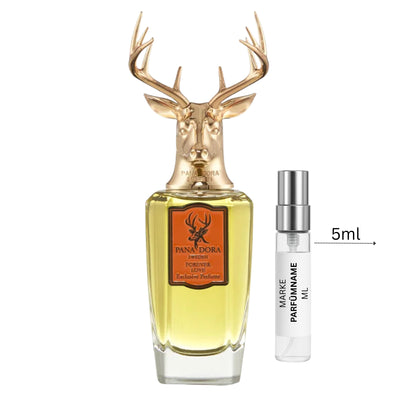 Pana Dora Forever Love Duftprobe 5 ml neben Flakon – zitrisch-fruchtiger Unisexduft mit Bergamotte, Orangenblüte, Sandelholz und Vetiver