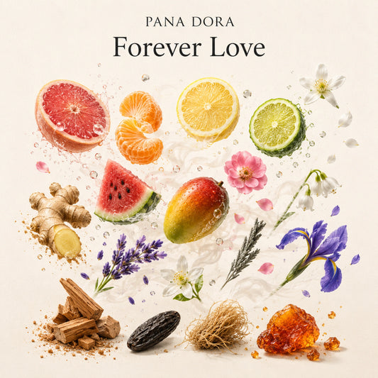Duftnoten von Pana Dora Forever Love Eau de Parfum – Grapefruit, Tangerine, Zitrone, Bergamotte, Orangenblüte, Ingwer, Melone, Maiglöckchen, Mango, Rosengeranie, Wüstenbeifuß, Iris, Lavendel, Neroli, Sandelholz, Tonkabohne, Vetiver und Amber
