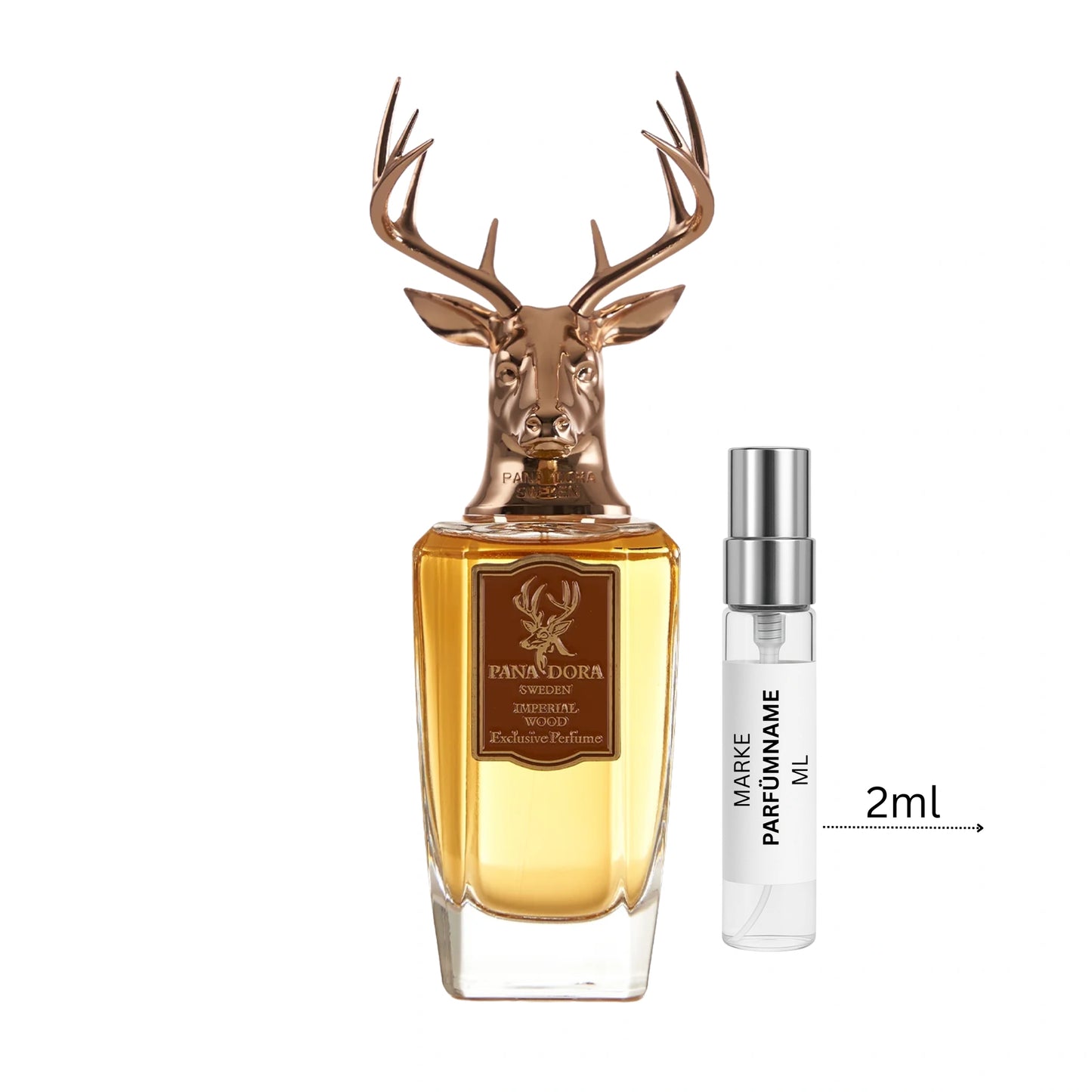 Pana Dora Imperial Wood Duftprobe 2 ml neben Flakon – orientalisch-holziges Extrait de Parfum mit Tonkabohne, Weihrauch, Vanille und Leder