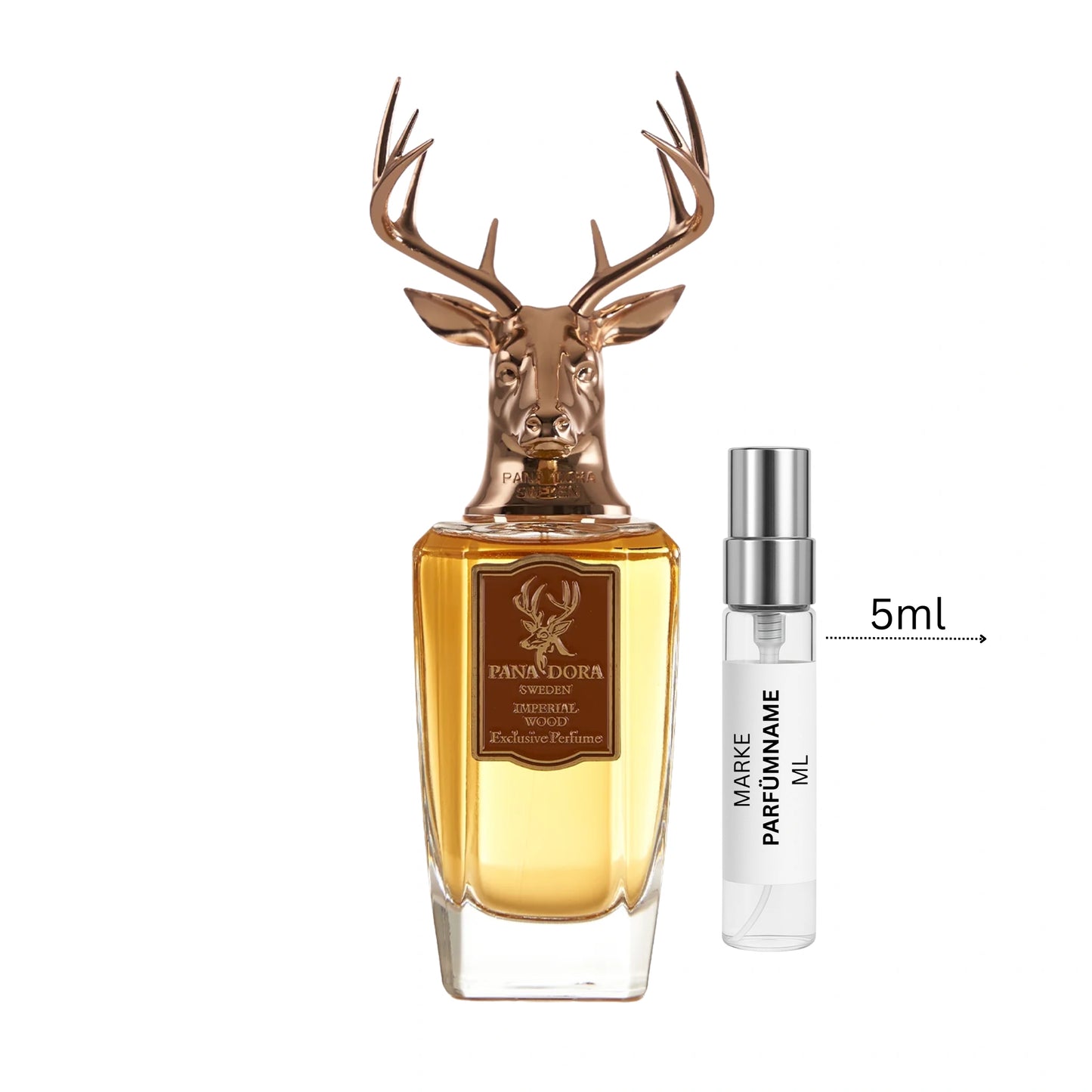 Pana Dora Imperial Wood Abfüllung 5 ml neben Flakon – intensiver holzig-orientalischer Nischenduft mit Rose, Gewürzen, Oud, Leder und Weihrauch