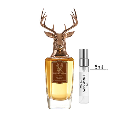 Pana Dora Imperial Wood Abfüllung 5 ml neben Flakon – intensiver holzig-orientalischer Nischenduft mit Rose, Gewürzen, Oud, Leder und Weihrauch