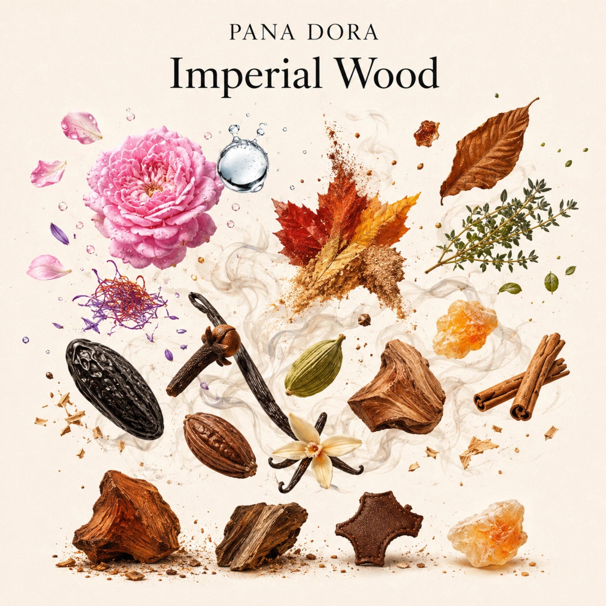 Duftnoten von Pana Dora Imperial Wood Extrait de Parfum – Damaszener-Rose, Safraleine, Tabak, Thymian, Tonkabohne, Gewürznelke, Kardamom, Sandelholz, Weihrauch, Zimt, Kakao, Vanille, Amberholz, indonesisches Oud und Leder