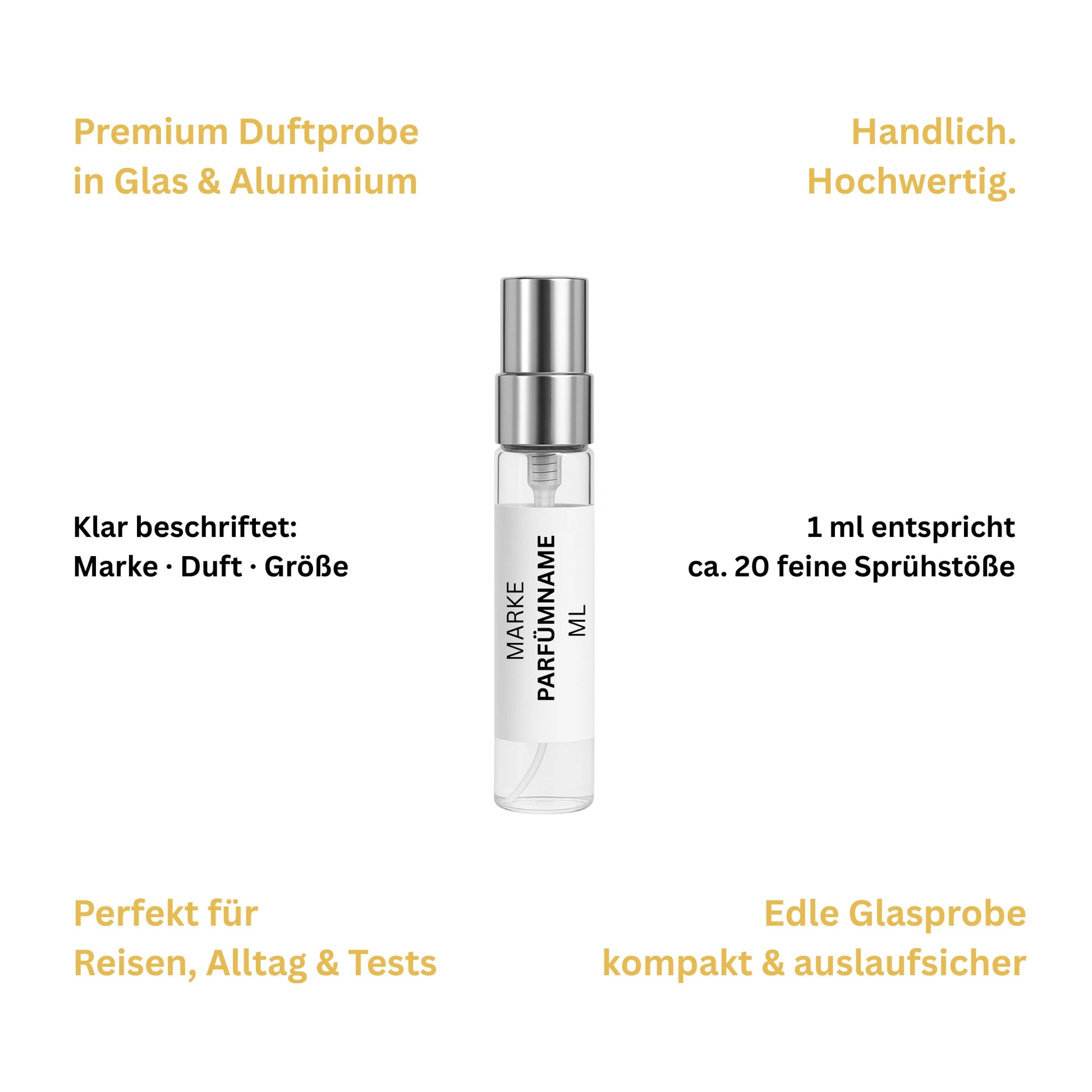 Premium Parfumprobe in Glas mit Aluminium Sprühkopf, 1 ml Duftprobe mit ca. 20 feinen Sprühstößen, klar beschriftet mit Marke, Duft und Größe, hochwertiges Probefläschchen zum Testen, für Reisen und Alltag geeignet