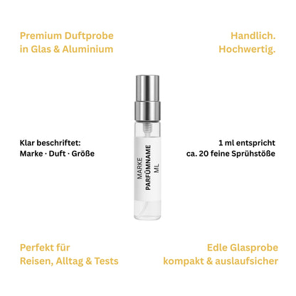 Premium Parfumprobe in Glas mit Aluminium Sprühkopf, 1 ml Duftprobe mit ca. 20 feinen Sprühstößen, klar beschriftet mit Marke, Duft und Größe, hochwertiges Probefläschchen zum Testen, für Reisen und Alltag geeignet