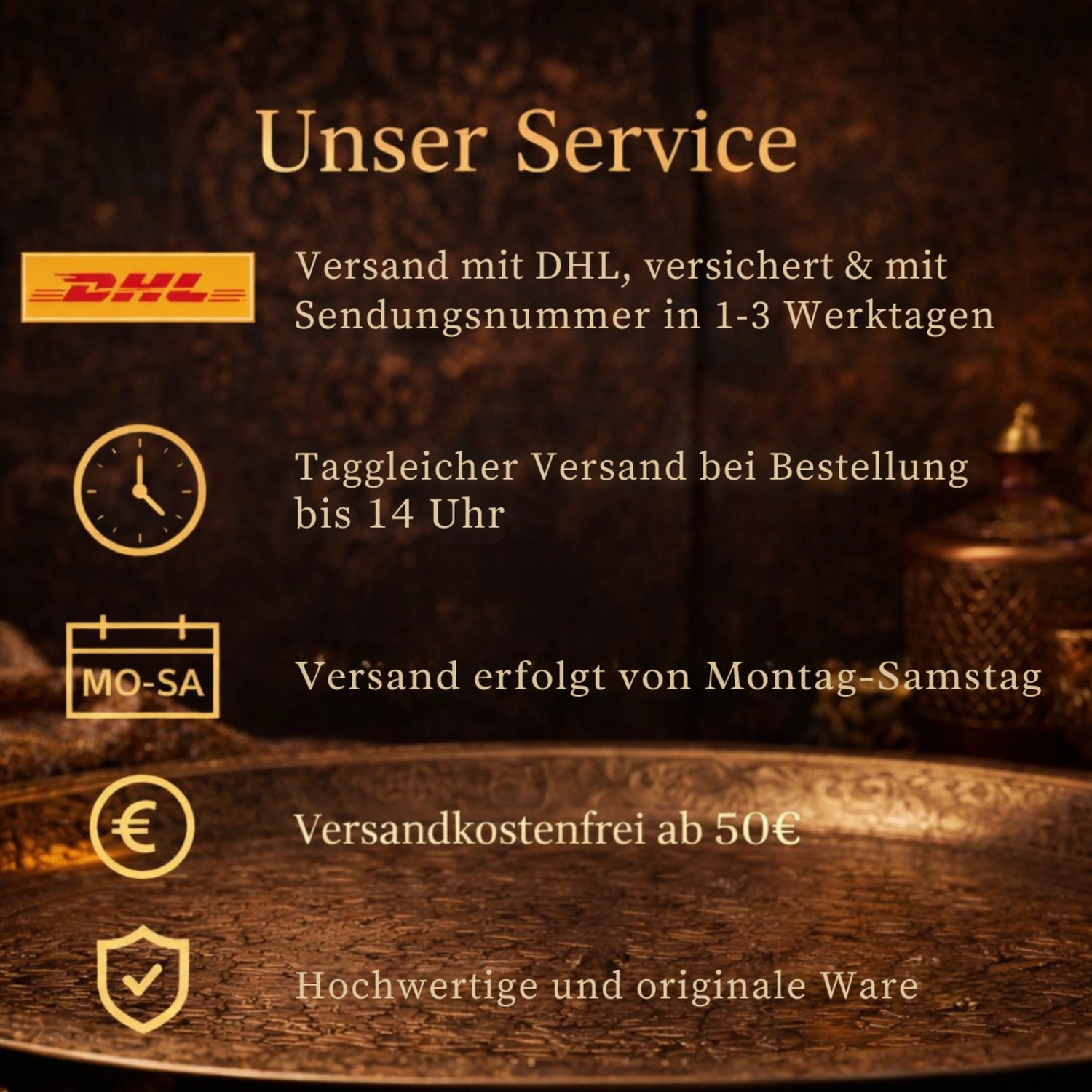 Service-Infografik von Parfumpiraten mit DHL Versand, versichertem Paket und Sendungsnummer, taggleichem Versand bis 14 Uhr, Versand von Montag bis Samstag, kostenlosem Versand ab 50 Euro sowie Garantie für originale und hochwertige Parfums.
