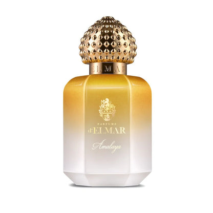 Parfumflakon von Parfums d’Elmar Amalaya Extrait de Parfum, süß-cremiger pudrig-floraler Unisexduft aus moderner französischer Nischenparfümerie, freigestelltes Produktbild auf weißem Hintergrund