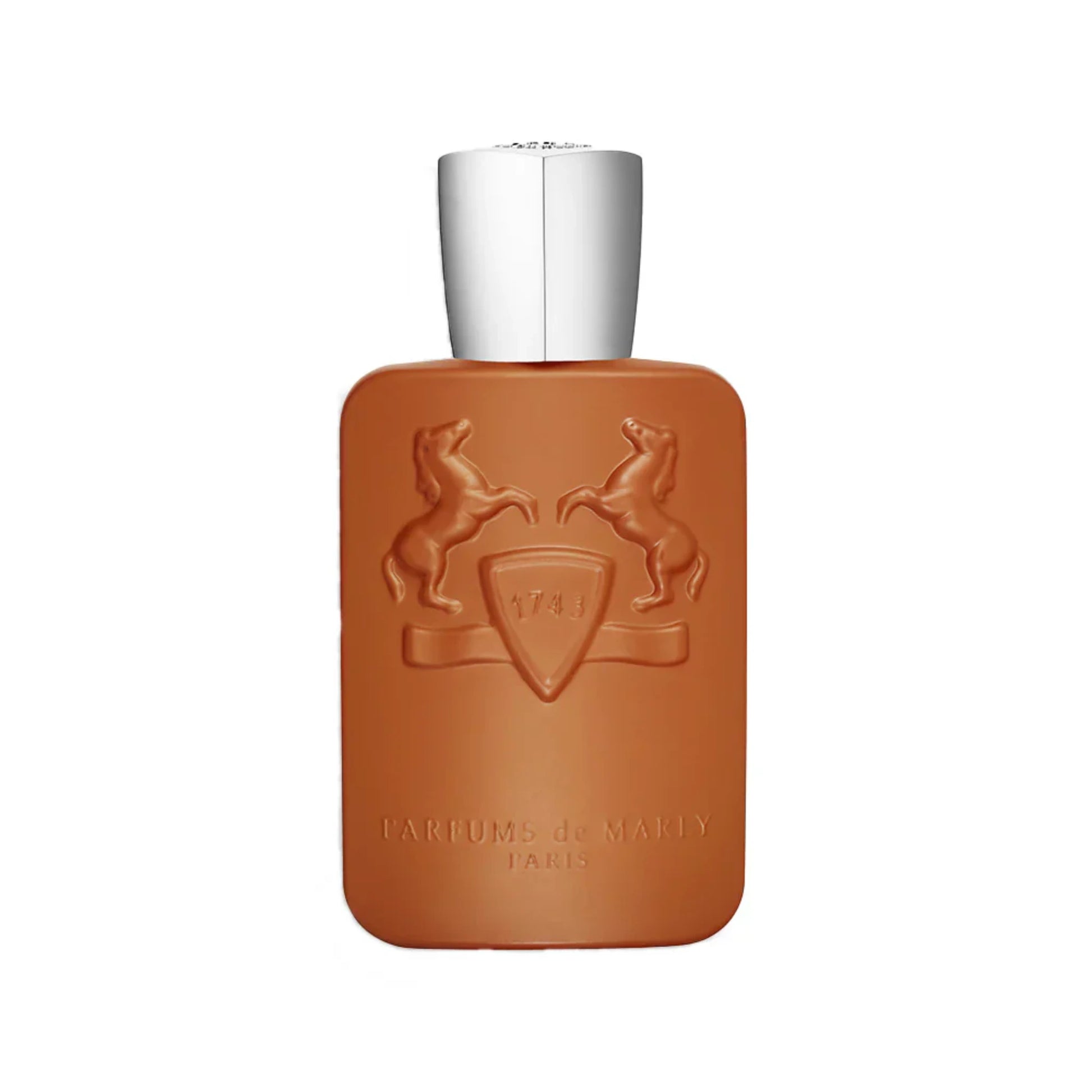 Althaïr Parfum von Parfums de Marly – terrakottafarbener Flakon mit silberner Kappe, edles Design für maskuline Gourmand-Düfte