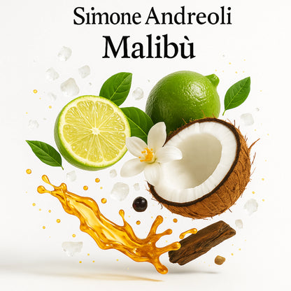Duftnoten von Simone Andreoli Malibù Party in the Bay Eau de Parfum, zitrisch-süßer Unisexduft mit Limette, Kokosnuss, Zucker, Rum und Sandelholz, visuelle Darstellung der Duftkomposition