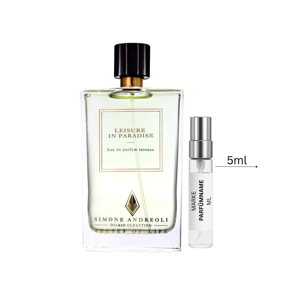 Simone Andreoli Leisure in Paradise Eau de Parfum Probe 5 ml, hochwertige Duftprobe mit mehreren Anwendungen, Glasprobe mit Sprühkopf neben dem Originalflakon
