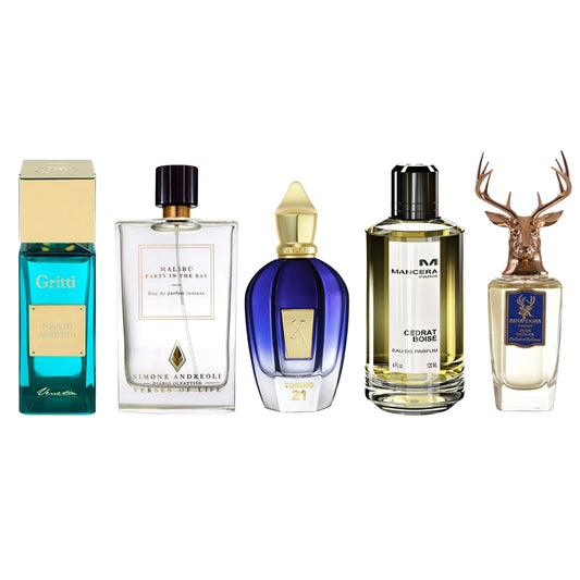 Top 5 Sommerdüfte Bundle mit Gritti Pomelo Assoluto, Simone Andreoli Malibu Party in the Bay, Xerjoff Torino 21, Mancera Cedrat Boise und Pana Dora Aqua de Dora – frische Unisex Nischendüfte freigestellt auf weißem Hintergrund