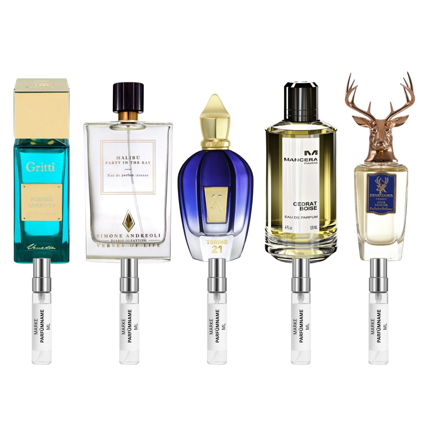 Top 5 Sommerdüfte Parfümproben Bundle mit Gritti Pomelo Assoluto, Malibu Party in the Bay, Xerjoff Torino 21, Mancera Cedrat Boise und Pana Dora Aqua de Dora – Sommerliche Unisex Abfüllungen mit Zitrus, Aquatik und Frische