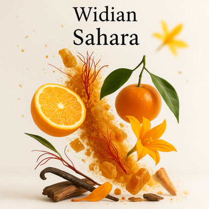 Duftnoten von Widian Sahara Extrait de Parfum, orientalisch-harziger Unisexduft mit Elemiharz, Orange, Safran, Orangenblüte, Rose, Amber, Vanille, Moschus und Zedernholz, visuelle Darstellung der Duftkomposition