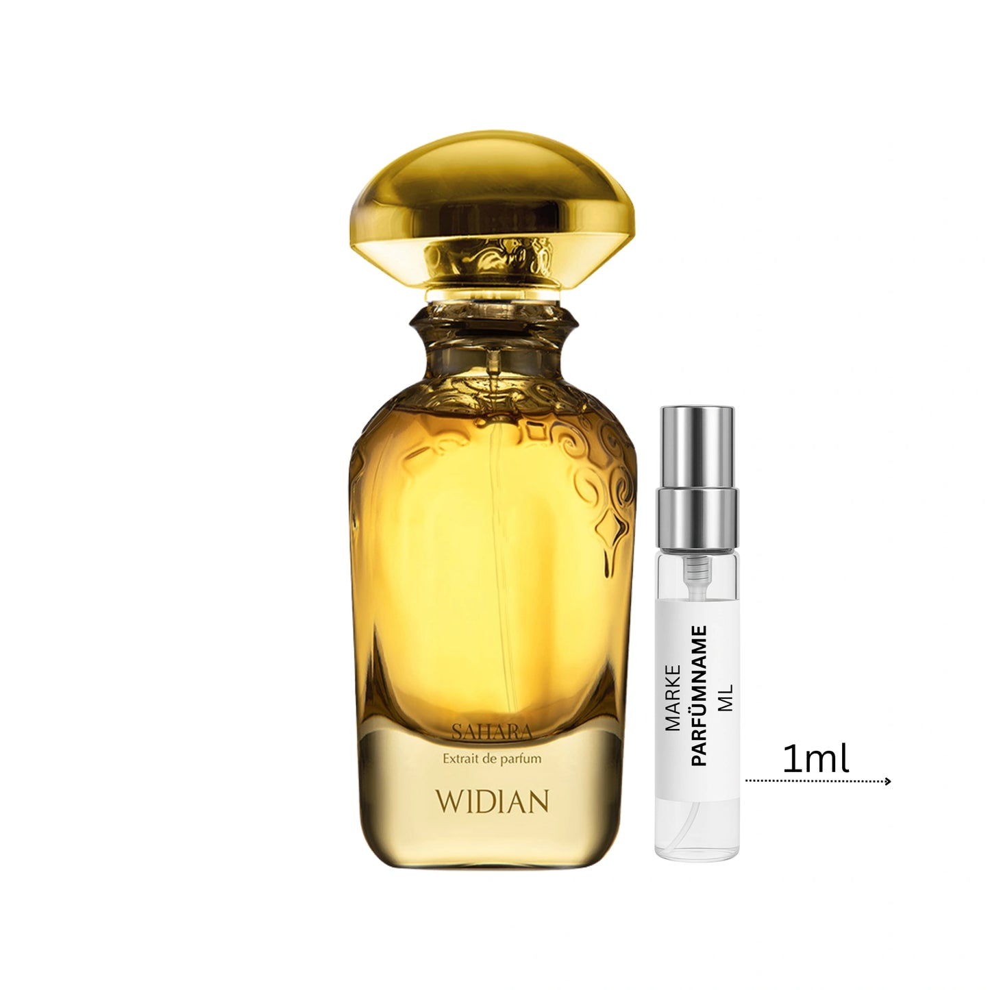 Widian Sahara Extrait de Parfum Probe 1 ml, hochwertige Duftprobe aus Glas mit Aluminium-Sprühkopf neben dem Originalflakon
