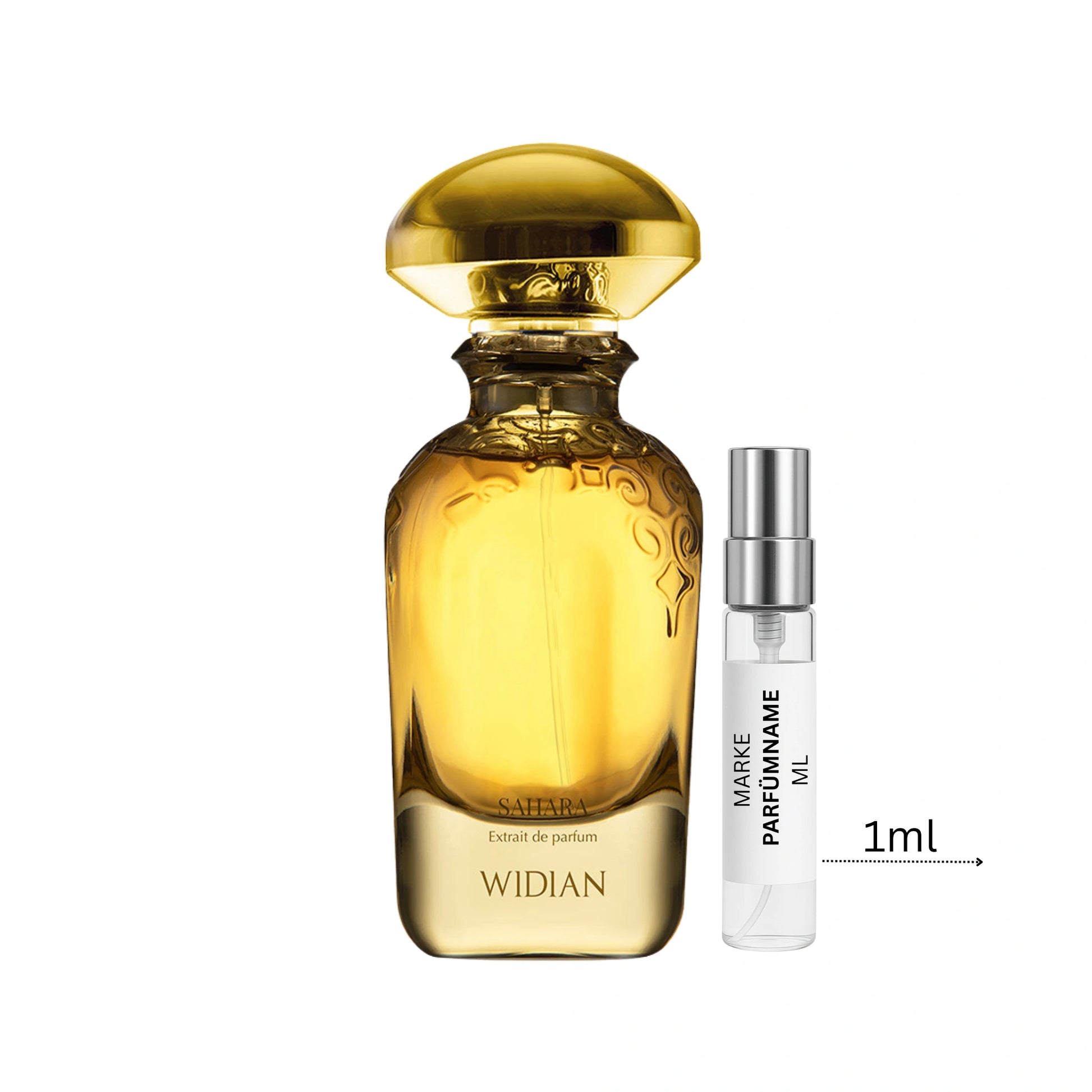 Widian Sahara Extrait de Parfum Probe 1 ml, hochwertige Duftprobe aus Glas mit Aluminium-Sprühkopf neben dem Originalflakon