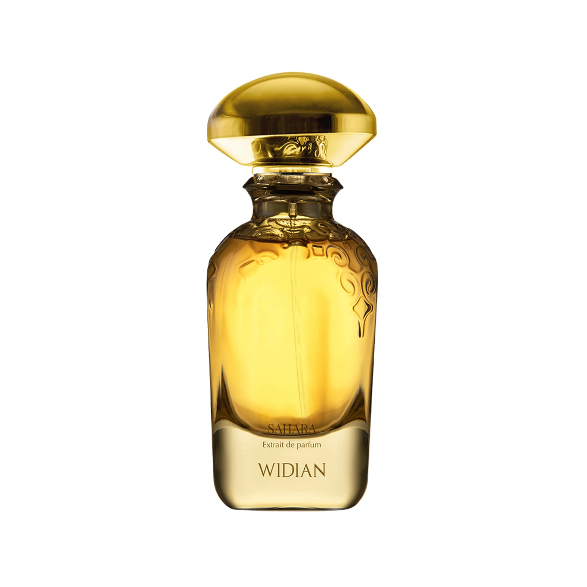 Parfumflakon von Widian Sahara Extrait de Parfum, orientalisch-harziger Unisexduft aus der Gold Collection mit luxuriösem Charakter, freigestelltes Produktbild auf weißem Hintergrund