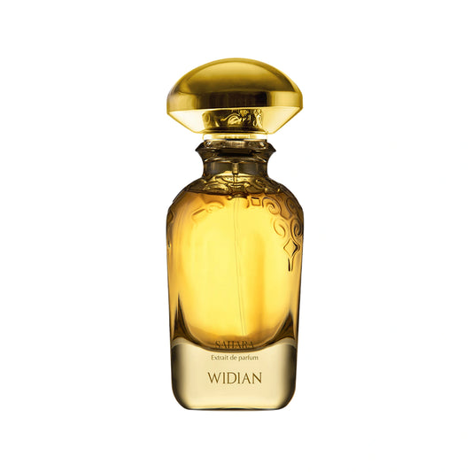 Parfumflakon von Widian Sahara Extrait de Parfum, orientalisch-harziger Unisexduft aus der Gold Collection mit luxuriösem Charakter, freigestelltes Produktbild auf weißem Hintergrund