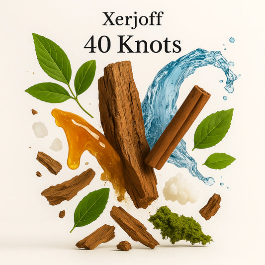 Duftnoten von Xerjoff 40 Knots – visuelle Darstellung mit Hölzern, Honig, Wasser, grünen Blättern, Moos und Gewürzen auf hellem Hintergrund.