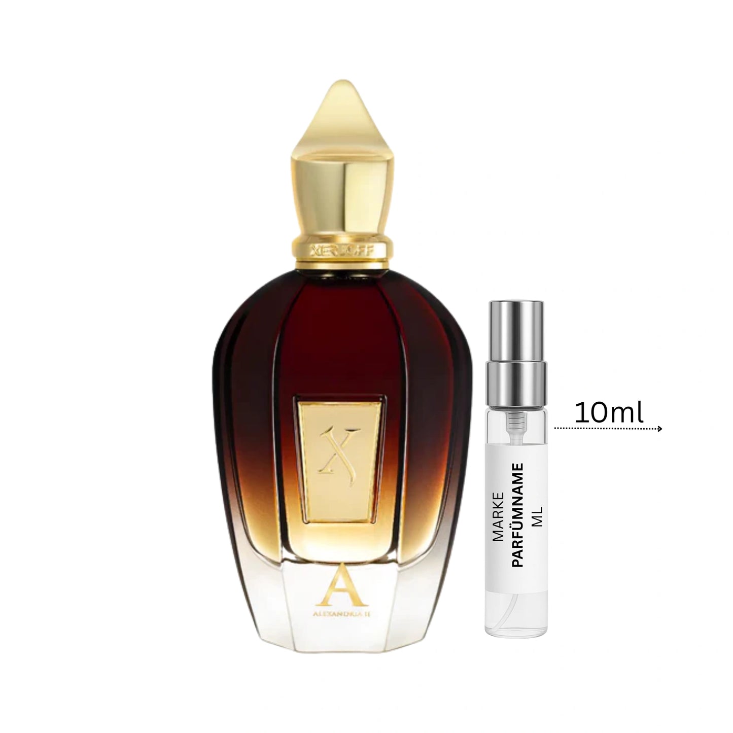 Xerjoff Alexandria II Eau de Parfum Abfüllung 10 ml neben Flakon – intensiver orientalischer Oud-Duft mit Rose, Vanille und warmer Amber-Holz-Basis