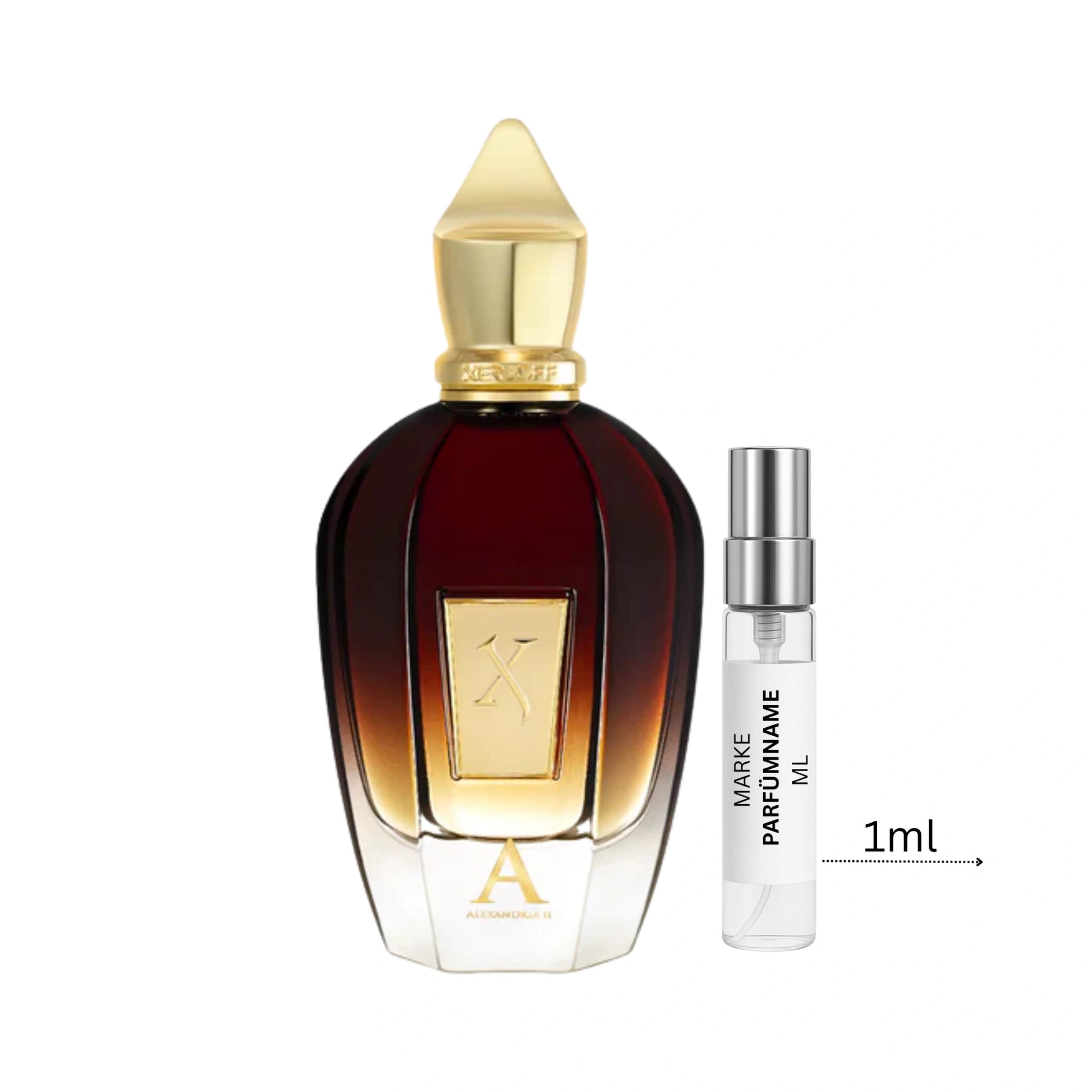 Xerjoff Alexandria II Parfümprobe 1 ml neben Flakon – intensiver Oud-Duft für Damen und Herren mit Rose, Zimt und warmer Amber-Note