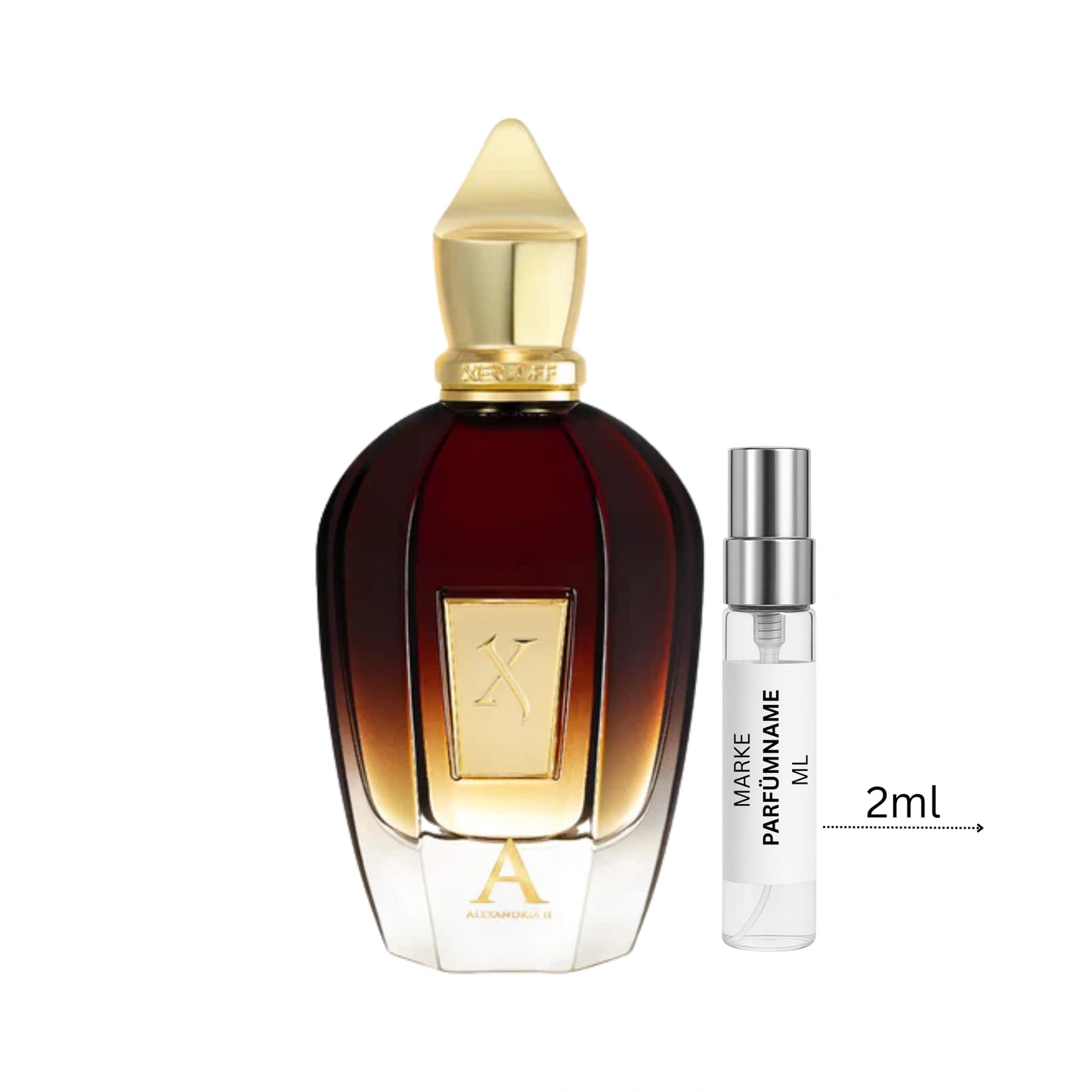 Xerjoff Alexandria II Duftprobe 2 ml neben Flakon – orientalisch-holziges Eau de Parfum mit Lavendel, Zedernholz und süßer Vanille