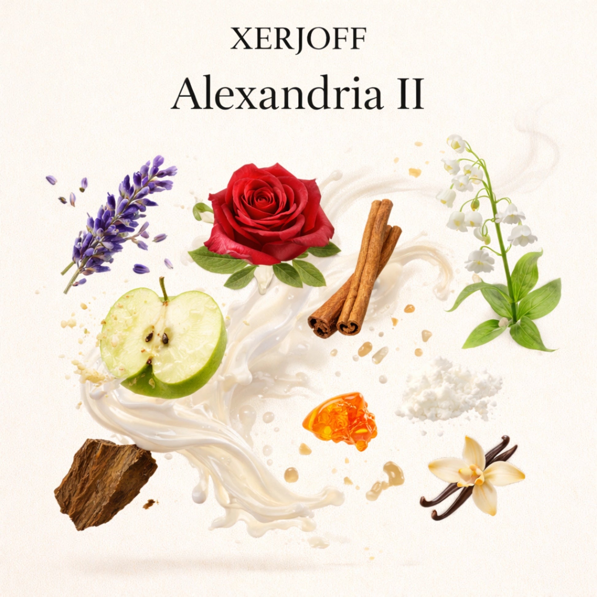 Duftnoten von Xerjoff Alexandria II Eau de Parfum – Lavendel, Rosenholz, Apfel, Zimt, bulgarische Rose, Maiglöckchen, Zedernholz, laotisches Oud, Amber, Sandelholz, Moschus und Vanille