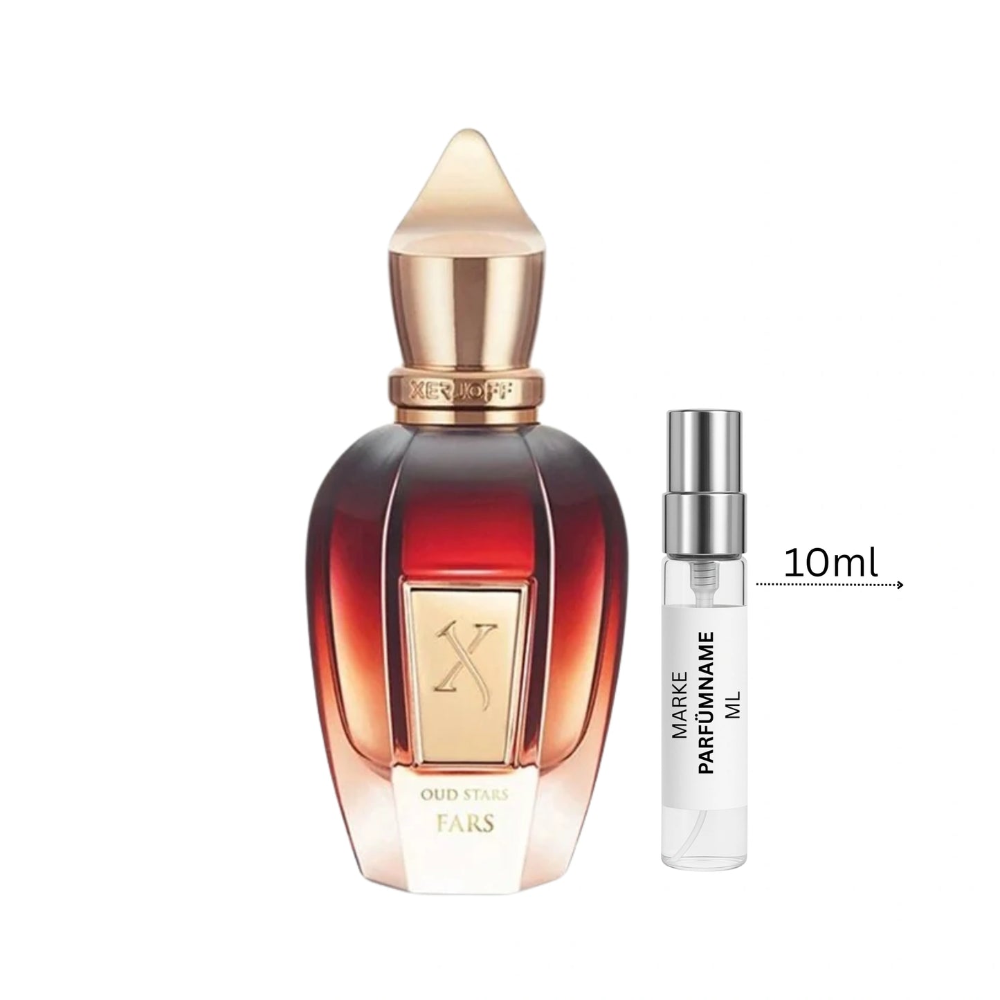 Xerjoff Fars Parfümprobe 10 ml neben Flakon – holzig-würziger Oud-Duft mit Lavendel, Wacholder, Bergamotte, Amber und Sandelholz