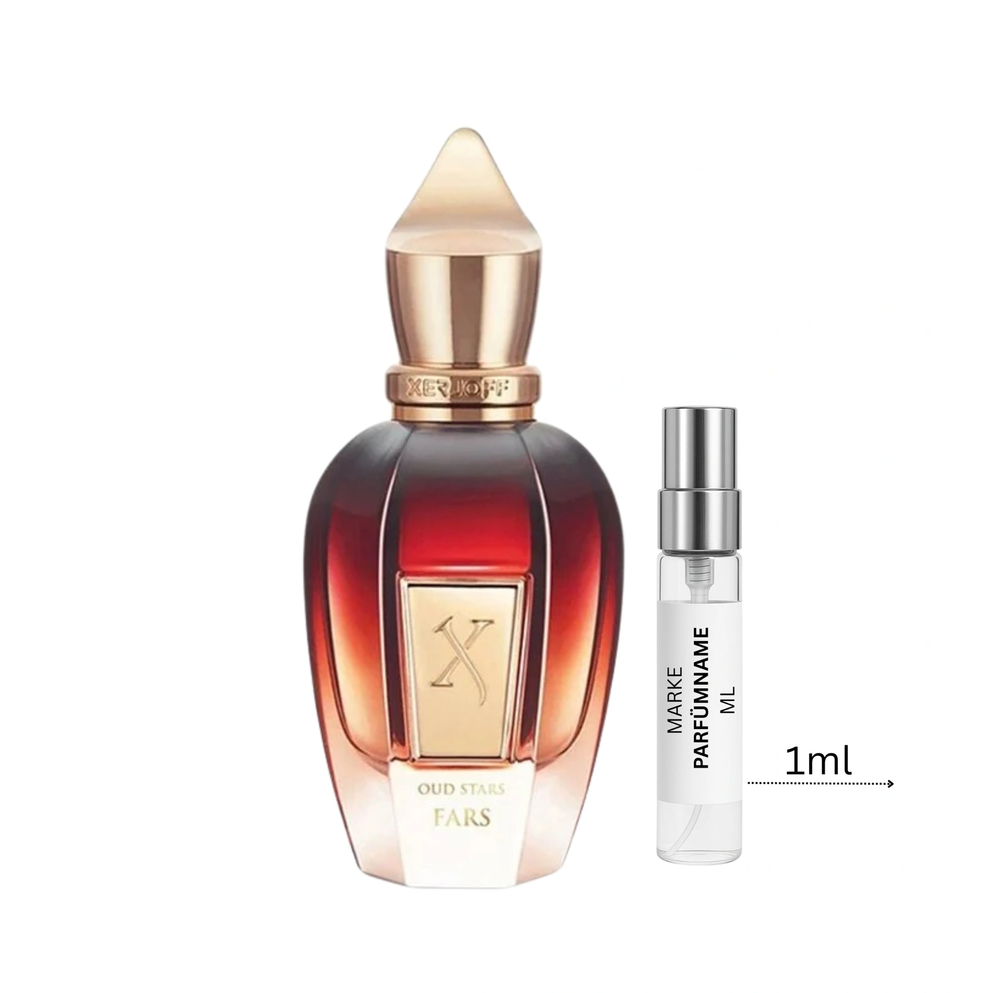 Xerjoff Fars Parfümprobe 1 ml neben Flakon – holzig-würziger Oud-Duft mit Bergamotte, Zeder, Amber, Patchouli und Sandelholz