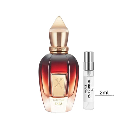 Xerjoff Fars Duftprobe 2 ml neben Flakon – orientalischer Nischenduft mit Oud, Amber, Patchouli, Sandelholz und Vetiver