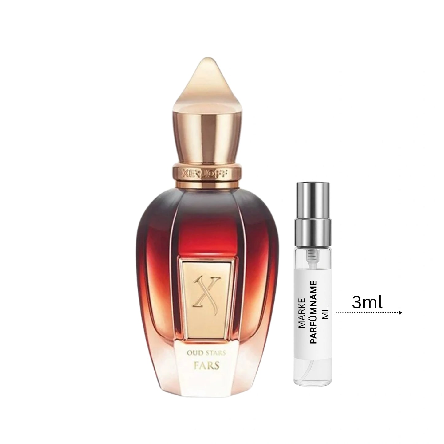 Xerjoff Fars Sample 3 ml neben Flakon – holzig-würziges Parfum mit Lavendel, Bergamotte, Rosengeranie, Oud und Amber
