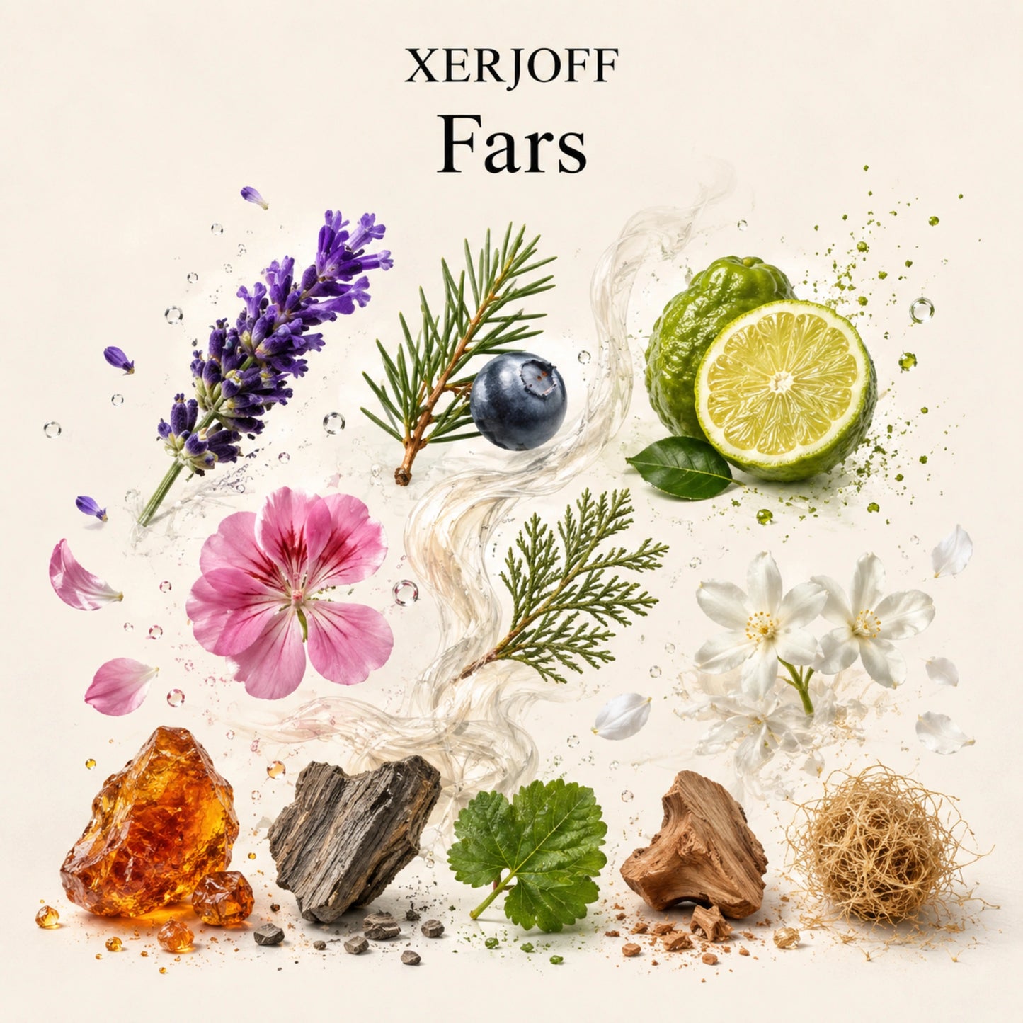 Duftnoten von Xerjoff Fars Parfum – Lavendel, Wacholder, Bergamotte, Rosengeranie, Atlaszeder, Jasmin, Amber, Oud, Patchouli, Sandelholz und Vetiver, visuell dargestellt