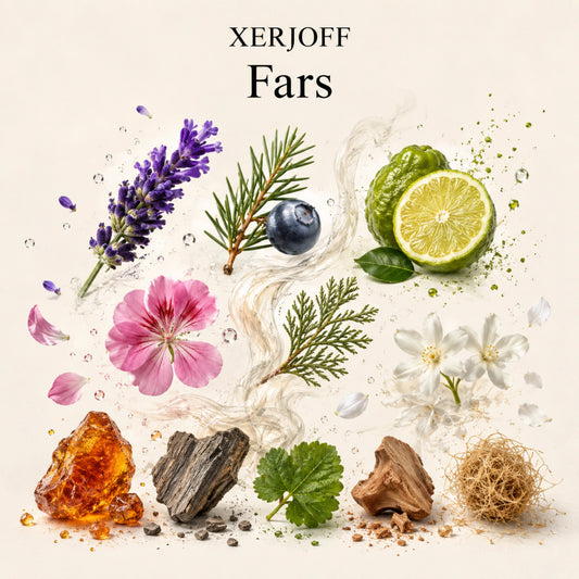 Duftnoten von Xerjoff Fars Parfum – Lavendel, Wacholder, Bergamotte, Rosengeranie, Atlaszeder, Jasmin, Amber, Oud, Patchouli, Sandelholz und Vetiver, visuell dargestellt