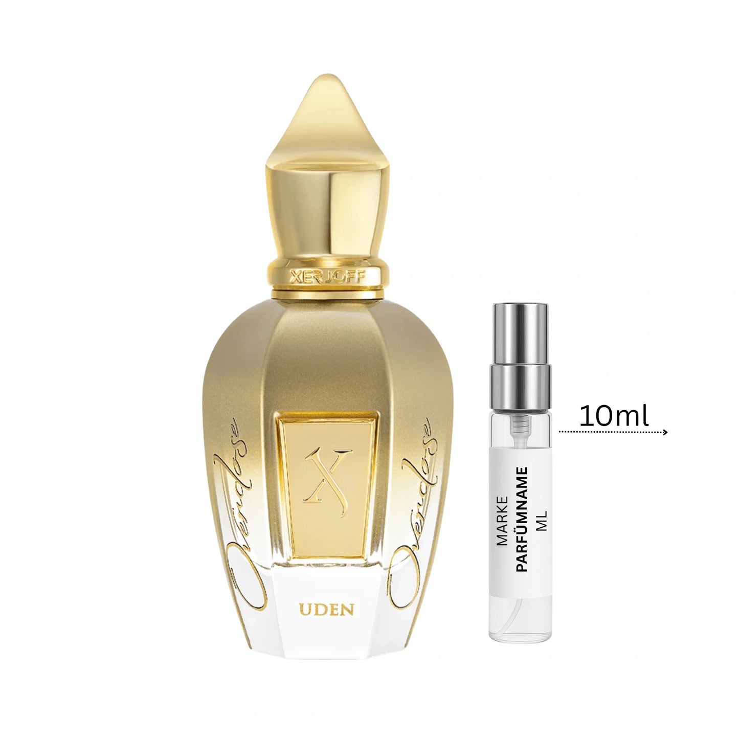 Xerjoff Uden Overdose Parfümprobe 10 ml neben Flakon – Parfum mit Zitrone, Bergamotte, Ingwer, Tabakblüte, Kaffee, Amber und Moschus