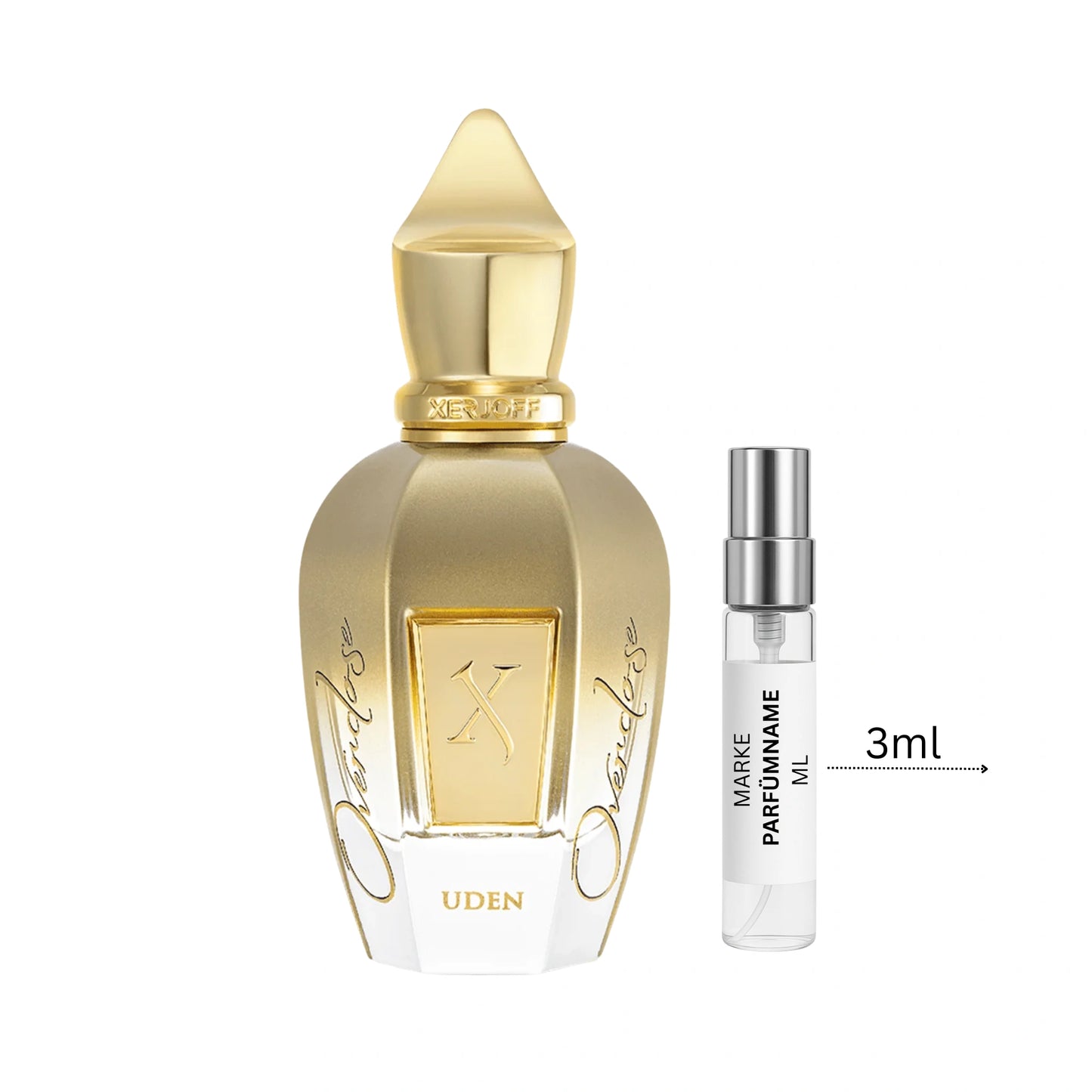 Xerjoff Uden Overdose Abfüllung 3 ml neben Flakon – frisches Parfum mit Zitrone, Bergamotte, Kaffee, Amber und Moschus