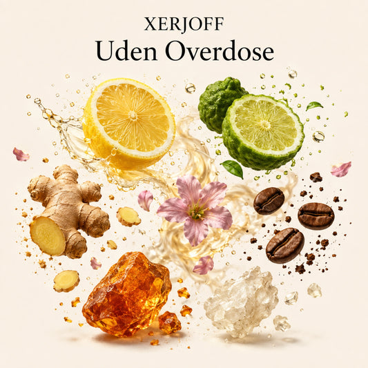 Duftnoten von Xerjoff Uden Overdose Parfum – Zitrone, Bergamotte, Ingwer, Tabakblüte, Kaffee, Amber und Moschus, visuell dargestellt